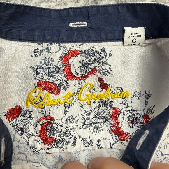 Robert Graham Shirt Men Large White Blue Floral Band Collar Flip Cuff Art Party - Picture 9 of 14